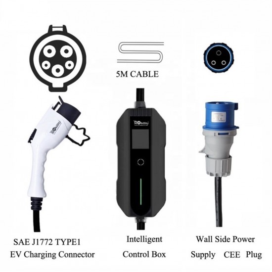 Type-1 Portable Electric Car Charger Type 1 SAE J1772 - CEE Plug, Single Phase, 32A, 7.3kW Type-1 Portable Electric Car Charger Type 1 SAE J1772 - CEE Plug, Single Phase, 32A, 7.3kW